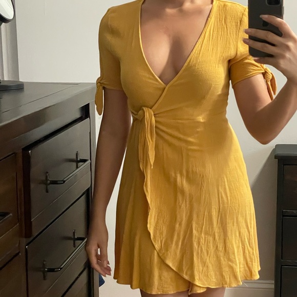 Lulu’s Flowy Golden Yellow Wrap Dress - Picture 1 of 6